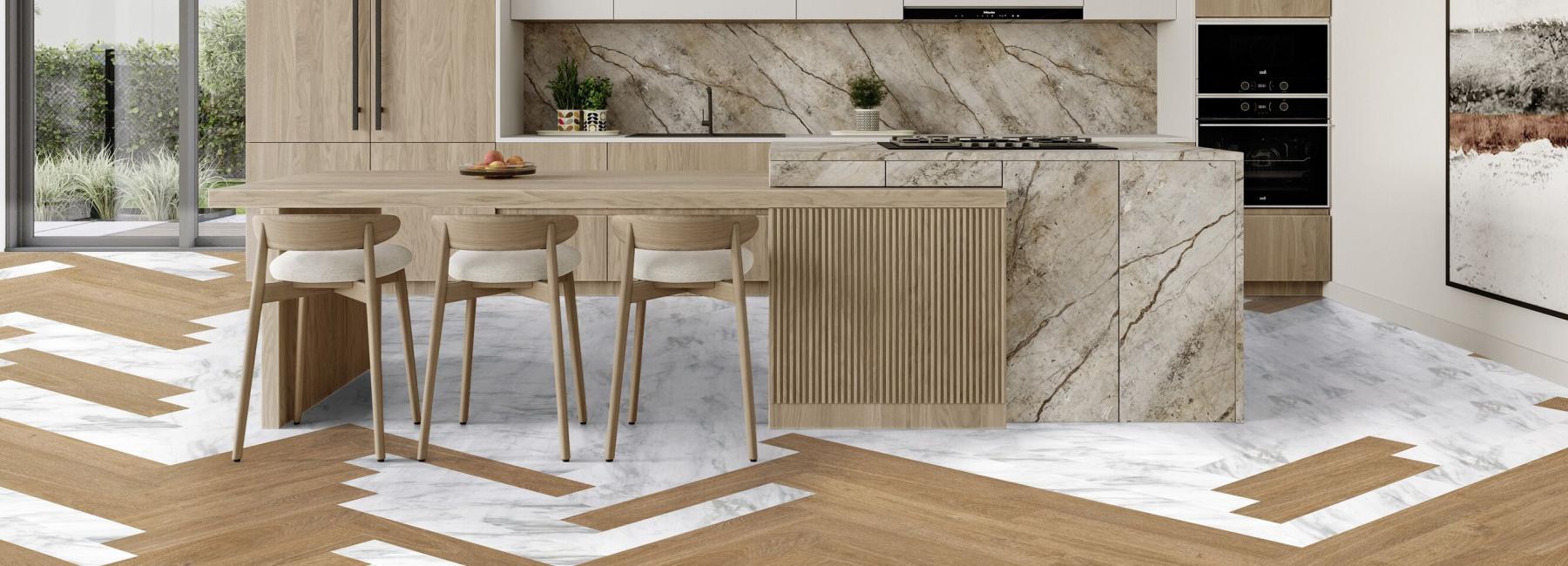 widok na kuchnię z podłogą LVT Senso Unik montowaną w jodełke w dówch kolorach